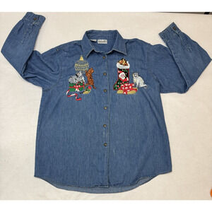 Vintage Chambray Christmas Embroidered Holiday Santa Cats Stocking Women Medium